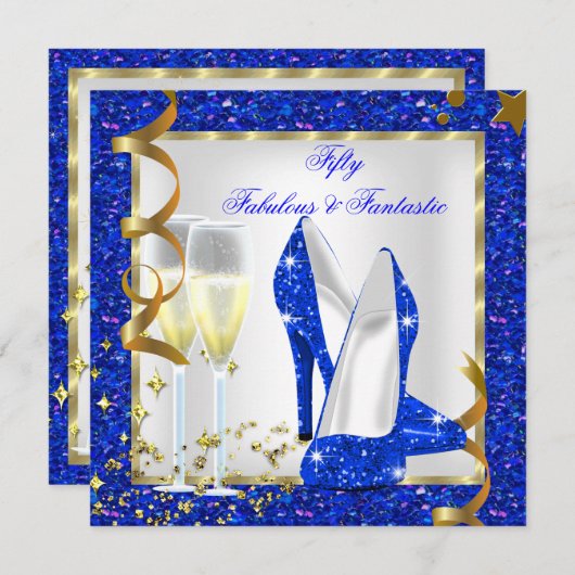 素晴らしい50ファンタスティックブルーホワイト金ゴールド誕生日 招待状 (正面/裏面)