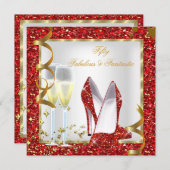 素晴らしい50ファンタスティックレッドホワイト金ゴールド誕生日 招待状 (正面/裏面)