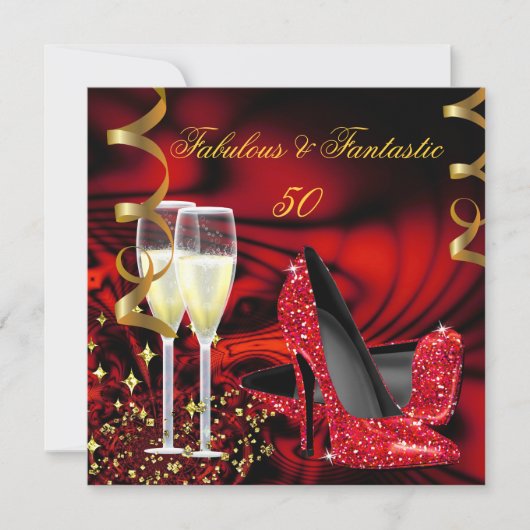素晴らしい50ファンタスティックレッド金ゴールド抽象芸術誕生日 招待状 (正面)