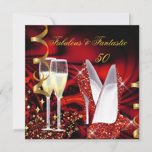 素晴らしい50ファンタスティック抽象芸術レッド金ゴールド誕生日 招待状 (正面)