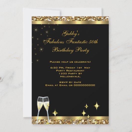 素晴らしい50ファンタスティック誕生日パーティー金ゴールドブラック 招待状 (裏面)