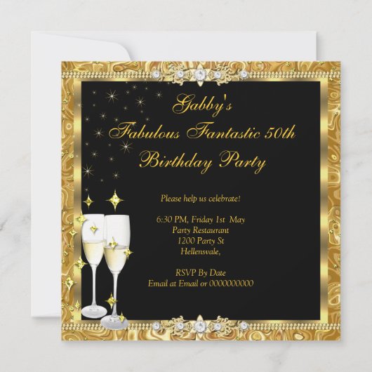 素晴らしい50ファンタスティック金ゴールドブラックバースデーパーティー2 招待状 (裏面)