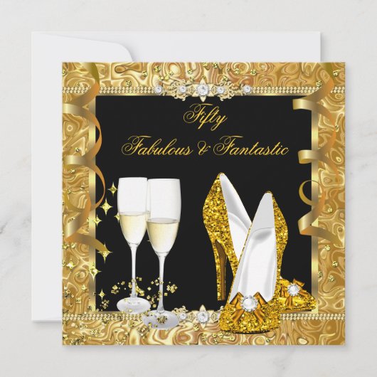 素晴らしい50ファンタスティック金ゴールドブラックバースデーパーティー2 招待状 (正面)