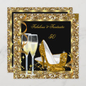 素晴らしい50ファンタスティック金ゴールドブラック誕生日パーティー 招待状 (正面/裏面)