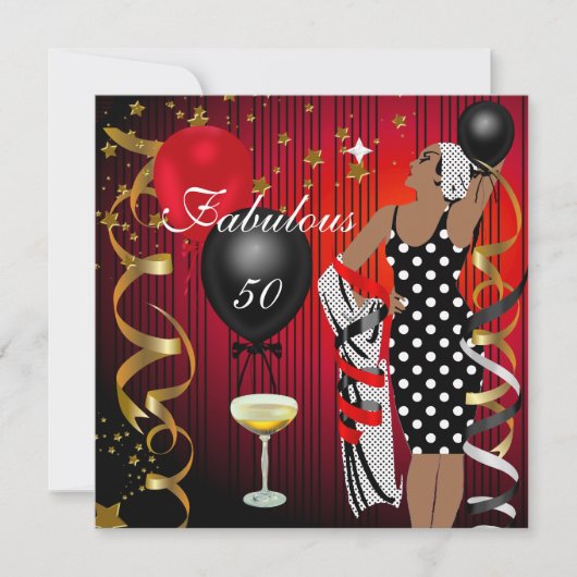 素晴らしい50フィフティディーバ誕生日ブラックレッドバルーン 招待状 (正面)