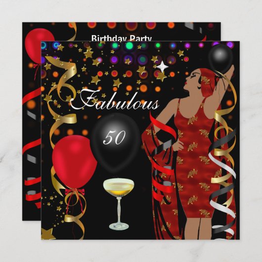 素晴らしい50フィフティディーバ誕生日ブラックレッドライト 招待状 (正面/裏面)