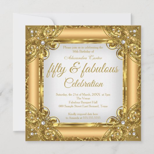 素晴らしい50フォトエリート金ゴールドパール誕生日パーティー 招待状 (正面)