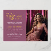 素晴らしい50フォトピンク金ゴールドサプライズ50誕生日 箔招待状 (正面)