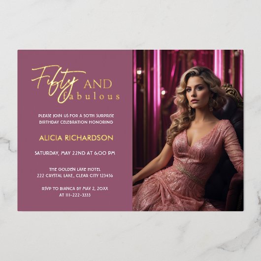 素晴らしい50フォトピンク金ゴールドサプライズ50誕生日 箔招待状 (正面)