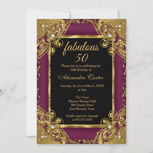 素晴らしい50フォトプラム金ゴールドパールバースデーパーティー 招待状 (正面)