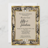 素晴らしい50フォトベージュブラックダマスク金ゴールド誕生日 招待状 (正面)
