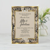 素晴らしい50フォトベージュブラックダマスク金ゴールド誕生日 招待状 (スタンド正面)