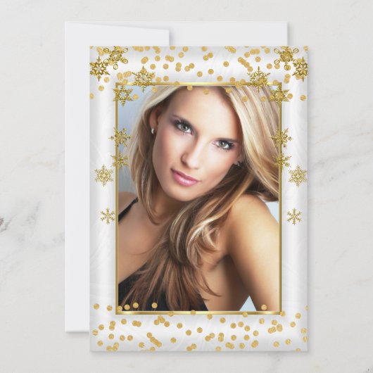 素晴らしい50フォトホワイト金ゴールドスノーフレークパーティー 招待状 (裏面)