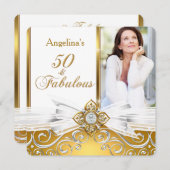 素晴らしい50フォトホワイト金ゴールドダマスク誕生日パーティー 招待状 (正面/裏面)