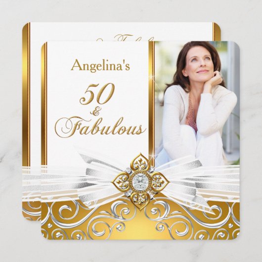 素晴らしい50フォトホワイト金ゴールドダマスク誕生日パーティー 招待状 (正面/裏面)