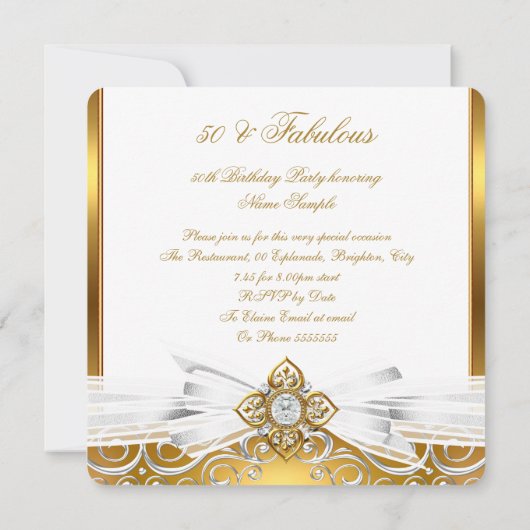 素晴らしい50フォトホワイト金ゴールドダマスク誕生日パーティー 招待状 (裏面)