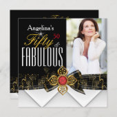 素晴らしい50フォトレッド金ゴールドエレガントモダン誕生日 招待状 (正面/裏面)