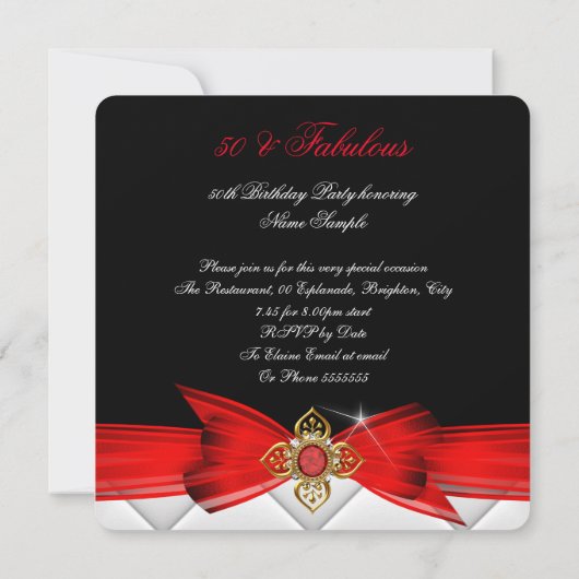 素晴らしい50フォトレッド金ゴールドエレガントモダン誕生日 招待状 (裏面)