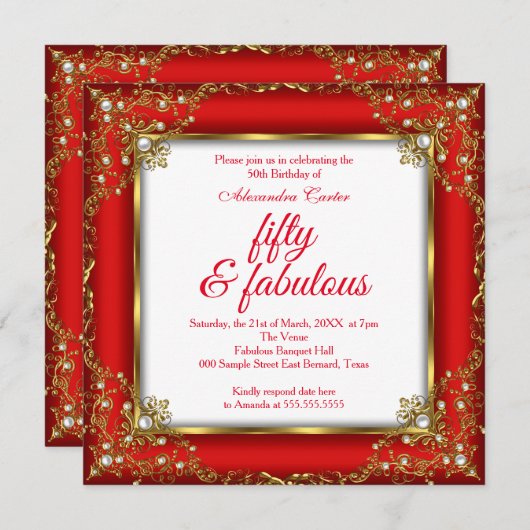 素晴らしい50フォトレッド金ゴールドパール誕生日パーティー 招待状 (正面/裏面)