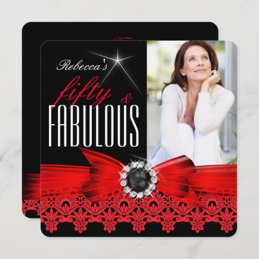 素晴らしい50フォト白黒レッドレース誕生日 招待状 (正面/裏面)