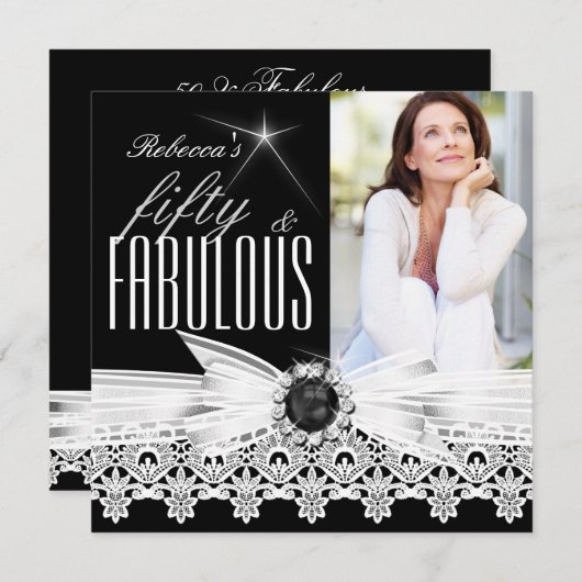 素晴らしい50フォト白黒レース50誕生日3 招待状 (正面/裏面)