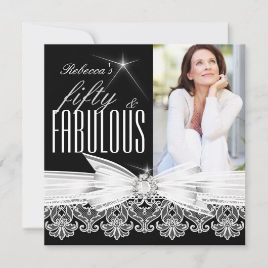 素晴らしい50フォト白黒レース50誕生日 招待状 (正面)