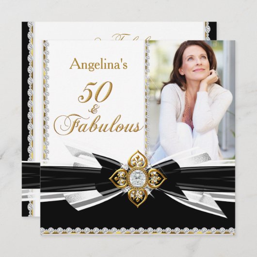 素晴らしい50フォト白黒金ゴールド誕生日パーティー 招待状 (正面/裏面)