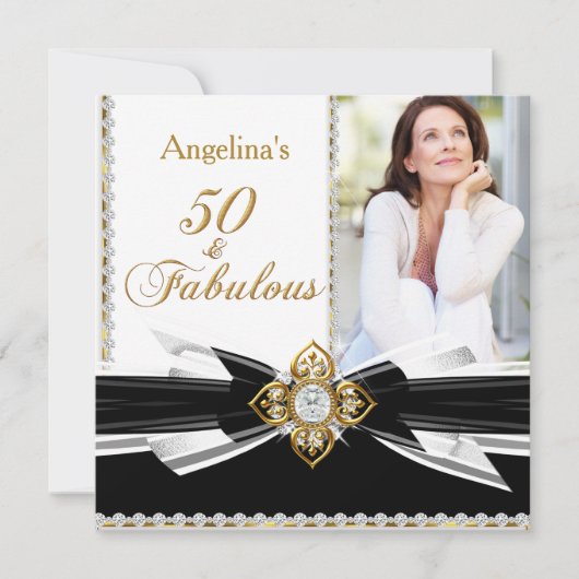 素晴らしい50フォト白黒金ゴールド誕生日パーティー 招待状 (正面)