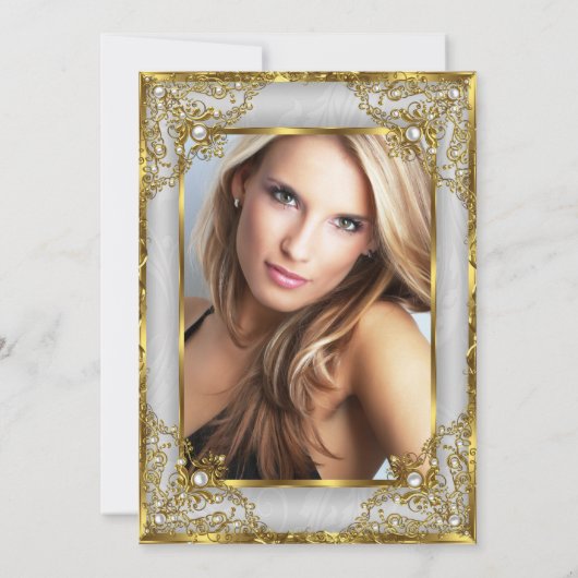 素晴らしい50フォト金ゴールドグレーシルバーパール誕生日 招待状 (裏面)