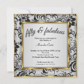 素晴らしい50フォト金ゴールドグレーブラックダマスク誕生日 招待状 (正面)