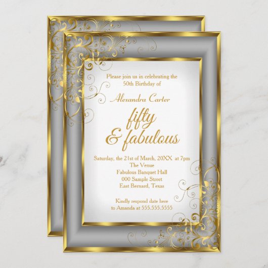 素晴らしい50フォト金ゴールドグレー銀誕生日パーティー 招待状 (正面/裏面)
