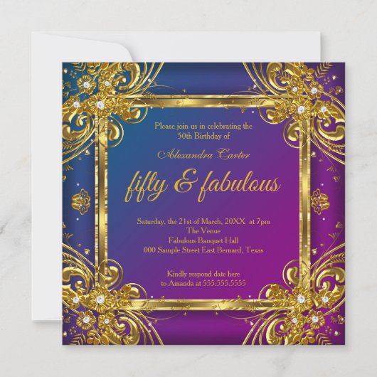 素晴らしい50フォト金ゴールドムルベリーブルーパーティー 招待状 (正面)