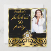 素晴らしい50ブラック金ゴールドフェイクダイヤモンド写真パーティー 招待状 (正面)
