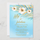 素晴らしい50ブルーティール(緑がかった色)金ゴールドホワイトフローラ誕生日 招待状 (正面)