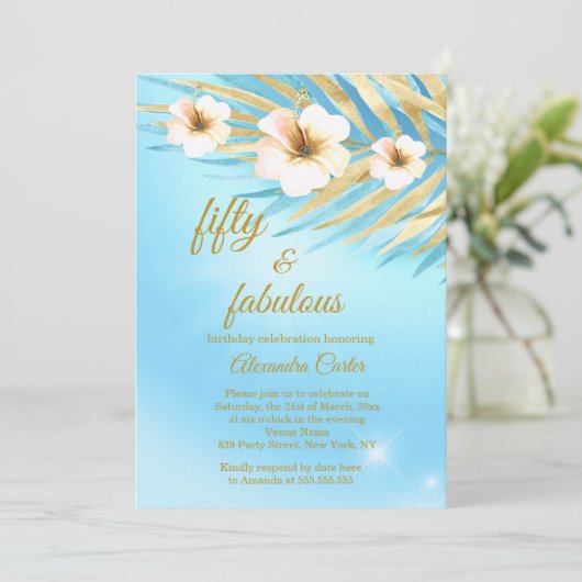 素晴らしい50ブルーティール（緑がかった色）金ゴールドホワイトフローラ誕生日 招待状 (スタンド正面)