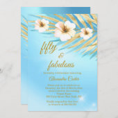 素晴らしい50ブルーティール（緑がかった色）金ゴールドホワイトフローラ誕生日 招待状 (正面/裏面)