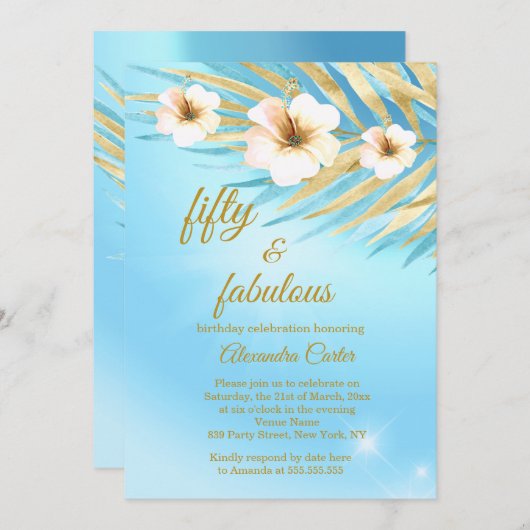 素晴らしい50ブルーティール(緑がかった色)金ゴールドホワイトフローラ誕生日 招待状 (正面/裏面)