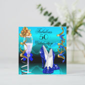 素晴らしい50ブルー王室のティール（緑がかった色）金ゴールド誕生日パーティー 招待状 (スタンド正面)