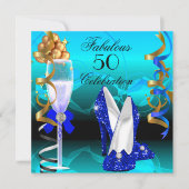 素晴らしい50ブルー王室のティール（緑がかった色）金ゴールド誕生日パーティー 招待状 (正面)