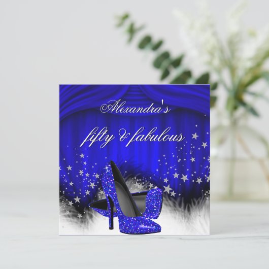 素晴らしい50ブルー王室のハイヒールフェザー誕生日 招待状 (スタンド正面)