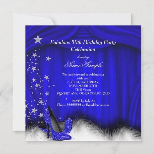 素晴らしい50ブルー王室のハイヒールフェザー誕生日 招待状 (裏面)