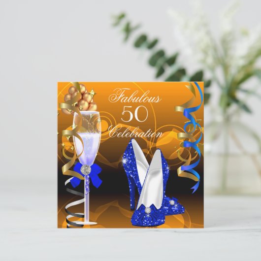 素晴らしい50ブルー王室の金ゴールドオレンジの誕生日パーティー 招待状 (スタンド正面)