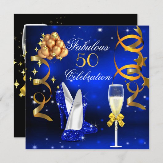 素晴らしい50ブルー王室の金ゴールドハイトシャンパーニュパーティー 招待状 (正面/裏面)