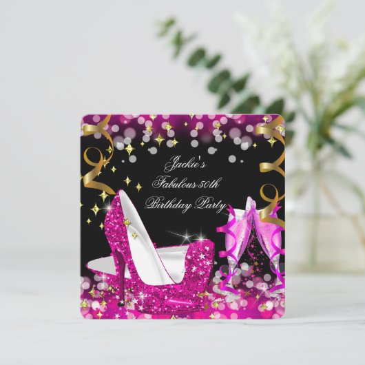 素晴らしい50ホットピンクグリッターハイヒール誕生日2 招待状 (スタンド正面)