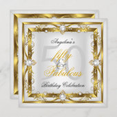 素晴らしい50ホワイトパールフローラ金ゴールド誕生日パーティー 招待状 (正面/裏面)