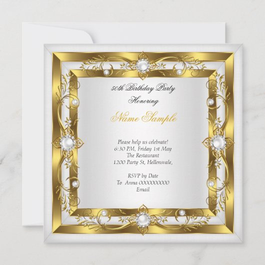 素晴らしい50ホワイトパールフローラ金ゴールド誕生日パーティー 招待状 (裏面)