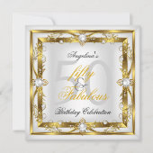 素晴らしい50ホワイトパールフローラ金ゴールド誕生日パーティー 招待状 (正面)