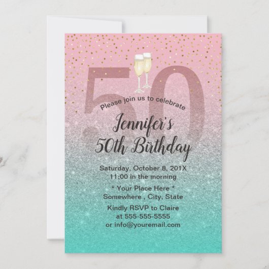 素晴らしい50モダンピンクシルバーターコイズ誕生日 招待状 (正面)