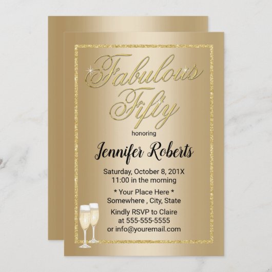 素晴らしい50モダン金ゴールド書道5誕生日 招待状 (正面/裏面)