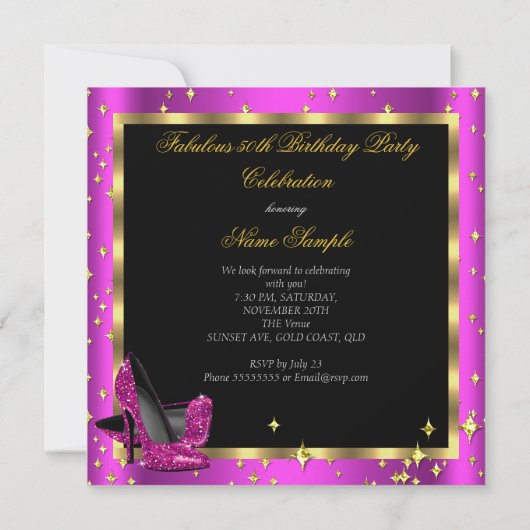 素晴らしい50リッチピンクシャンパンヒール誕生日 招待状 (裏面)